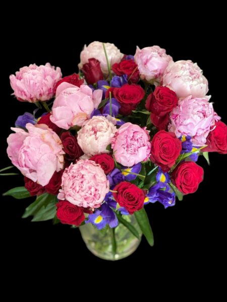 Red Roses, Peonies And Iris