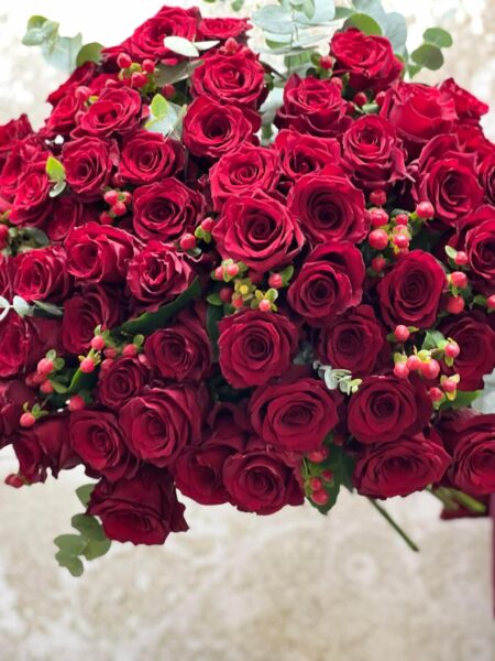 Premium class roses with eucalyptus and hypericum